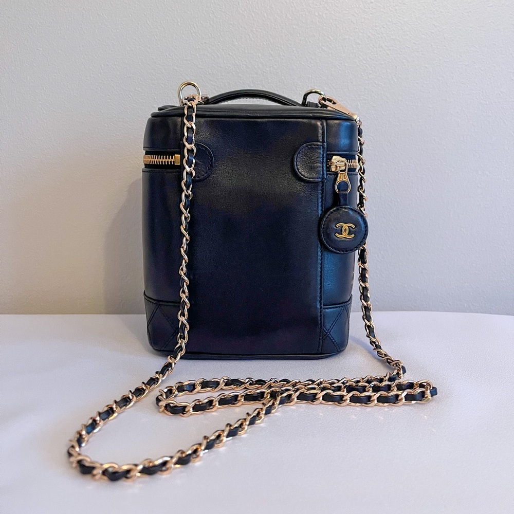 CHANEL Black Lambskin Cosmetic Vanity Case with Gold Hardware